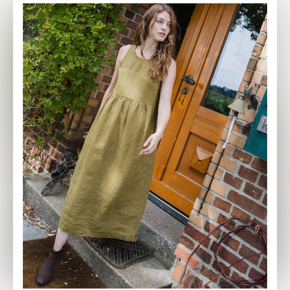 Not Perfect Linen Napa Dress - Olive Green Check Sleeveless Dress - M